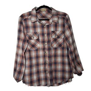 Democracy Plaid Button Up Flannel Shirt Orange Raw Hem Size Small Pockets